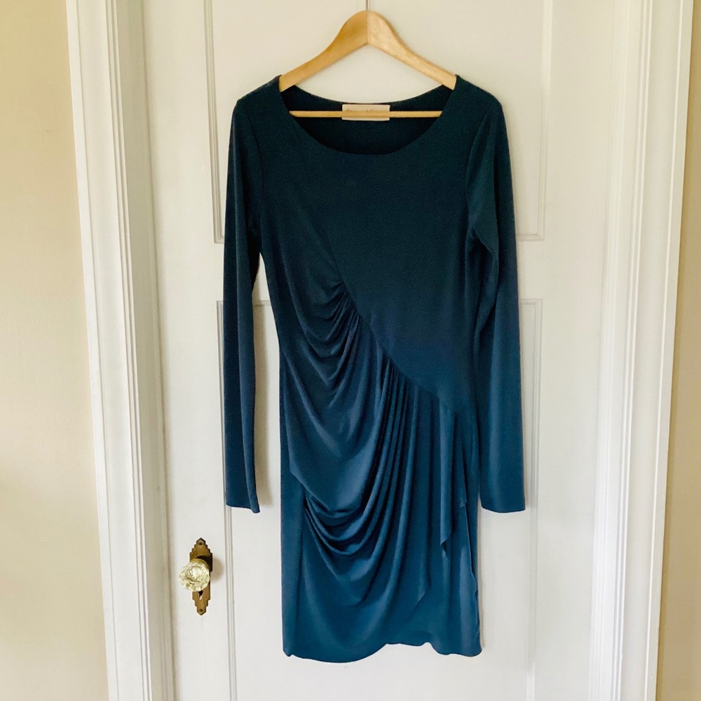 Graham & Spencer Gray Ruched Asymmetric Ruffle Stretch Dress Size L Made In USA